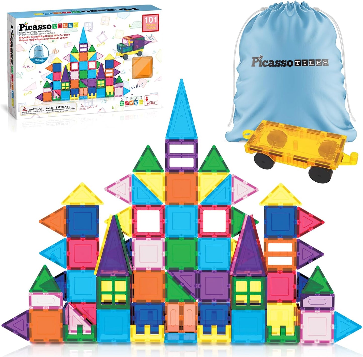 PicassoTiles 101 PCs Magnetic Tiles Building Blocks with Car & Drawstring Carry Bag Toy