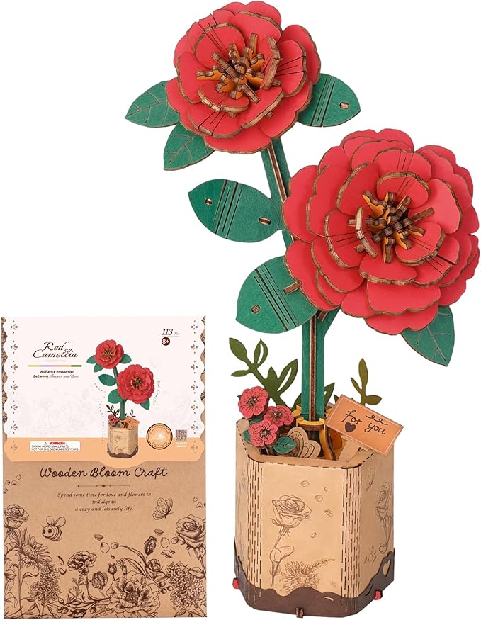 3D Wooden Flower Puzzle: Red Camellia