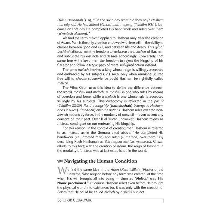 Or Gedalyahu on the Yamim Noraim and the Festivals