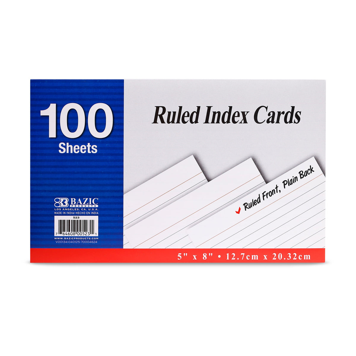 INDEX CARDS: White, 5x8, Ruled,100/pk