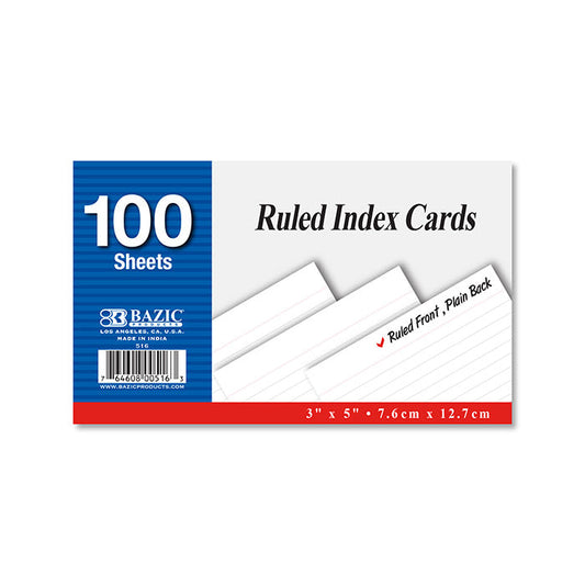 BAZIC 100 Ct. 3" X 5" Ruled White Index Card - A1 School Supplies