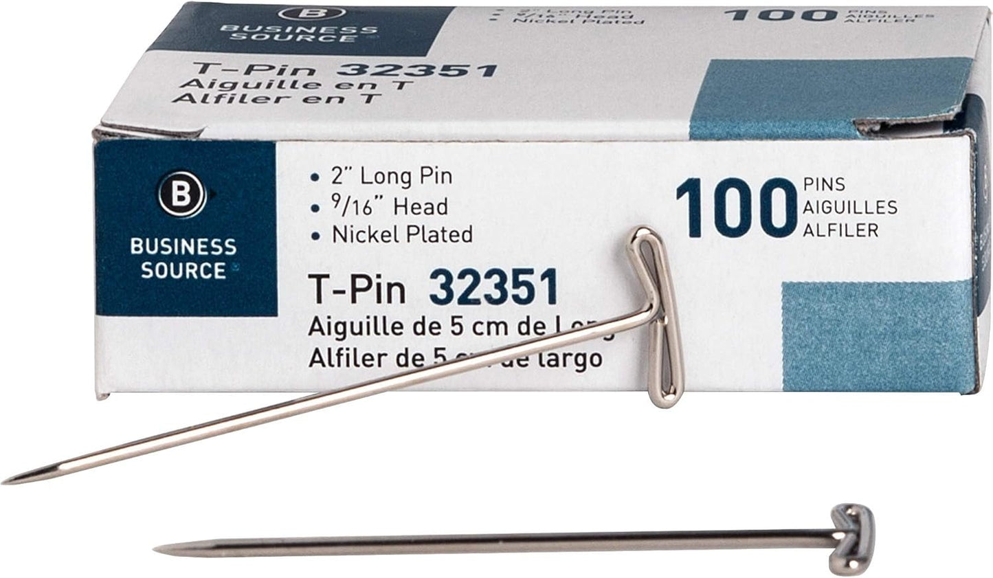 Business Source 32351 T-Pins 9/16-Inch Head Width 2-Inch L 100/BX Silver