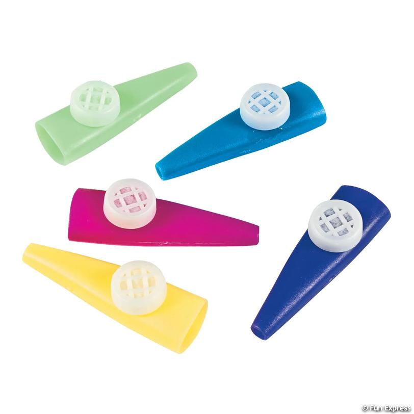 KAZOOS: Plastic, assorted colors, atleast 150