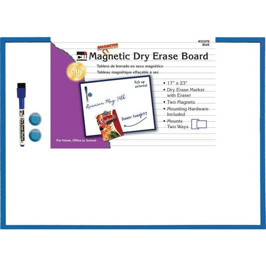 Dry Erase Boards, Magnetic, 17" x 23", w/Eraser/Marker and 2 Magnets, 1 Each-Blue Frame
